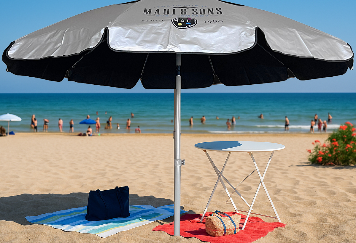 Η ομπρέλα με φόντο μία παραλία.